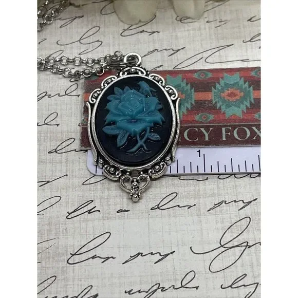 Cameo Necklace Turquoise Rose Wedding Jewelry Black Gothic Anniversary Easter - Picture 13 of 13